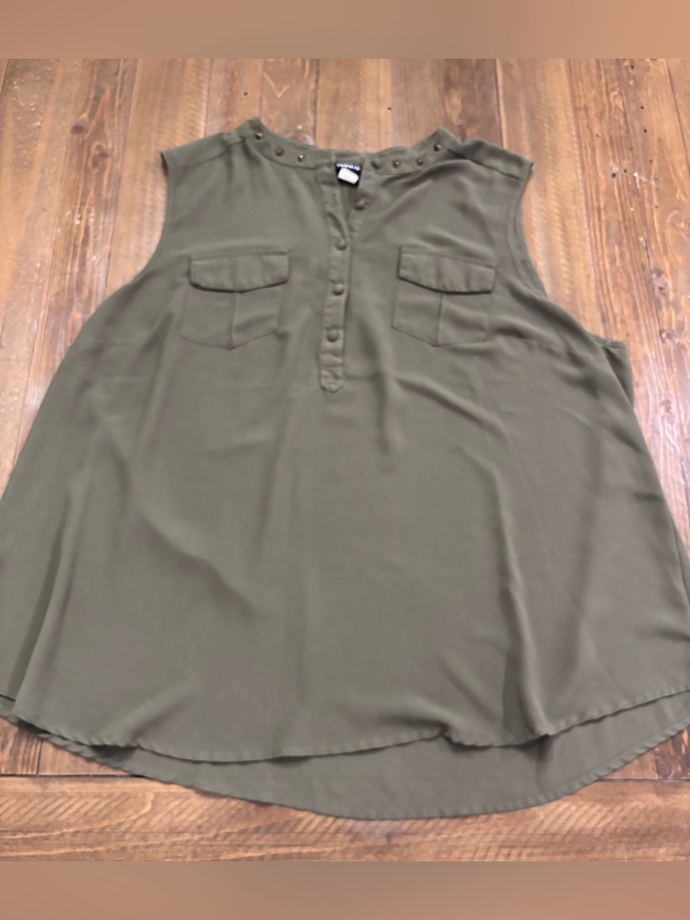 Torrid Olive Green Sleeveless Henley Blouse with Patch Pockets and Stud Detail